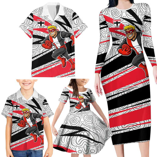 St Kilda Saints Australian Football Family Matching Long Sleeve Bodycon Dress and Hawaiian Shirt Superhero Mascot Art With Indigenous Pattern Art