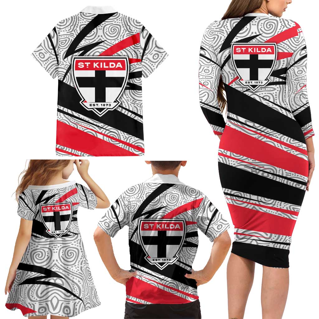 St Kilda Saints Australian Football Family Matching Long Sleeve Bodycon Dress and Hawaiian Shirt Superhero Mascot Art With Indigenous Pattern Art
