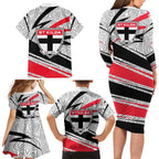 St Kilda Saints Australian Football Family Matching Long Sleeve Bodycon Dress and Hawaiian Shirt Superhero Mascot Art With Indigenous Pattern Art