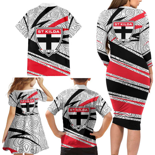 St Kilda Saints Australian Football Family Matching Long Sleeve Bodycon Dress and Hawaiian Shirt Superhero Mascot Art With Indigenous Pattern Art