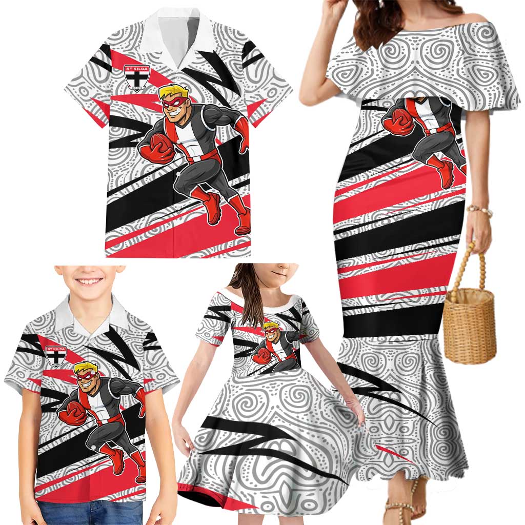 St Kilda Saints Australian Football Family Matching Mermaid Dress and Hawaiian Shirt Superhero Mascot Art With Indigenous Pattern Art