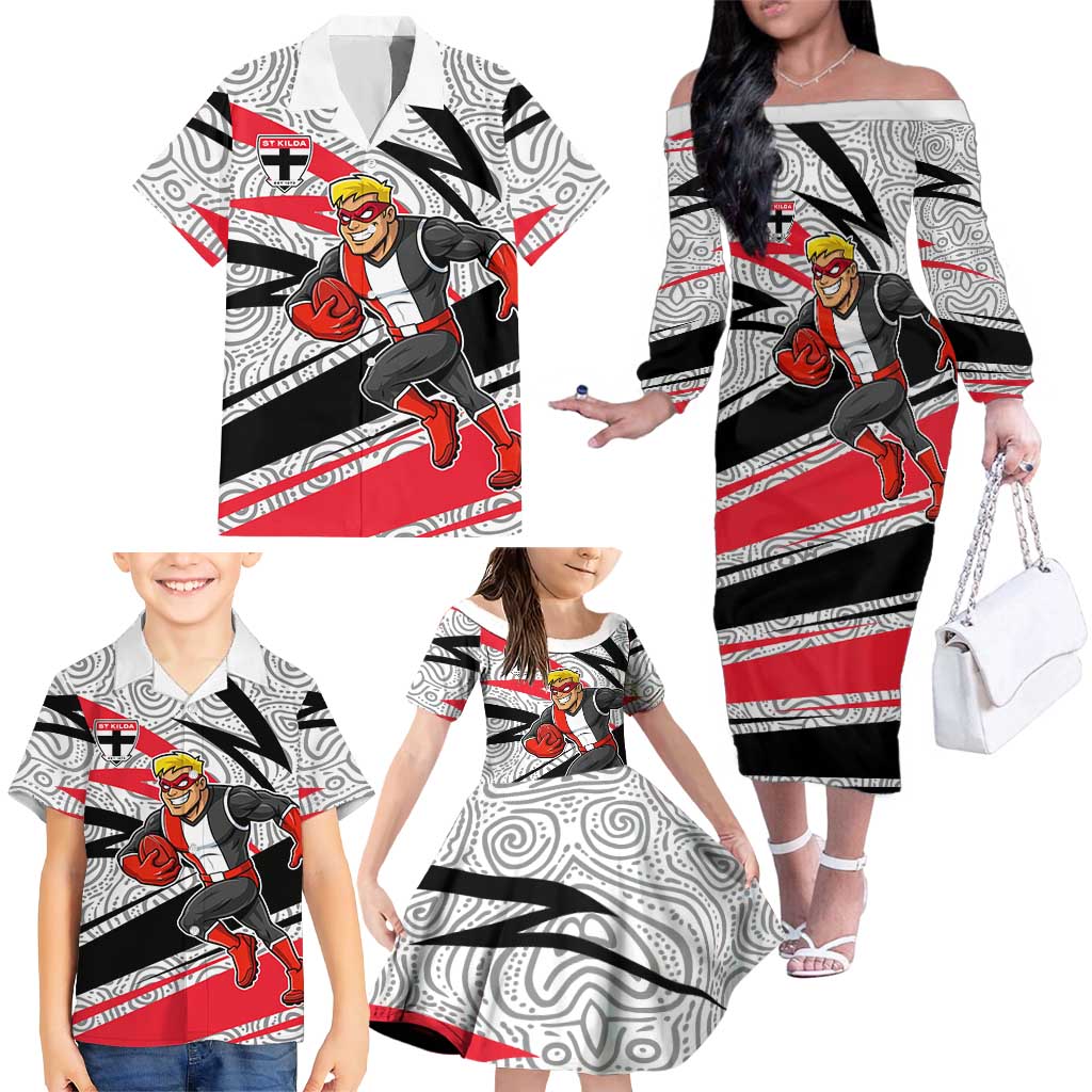 St Kilda Saints Australian Football Family Matching Off The Shoulder Long Sleeve Dress and Hawaiian Shirt Superhero Mascot Art With Indigenous Pattern Art