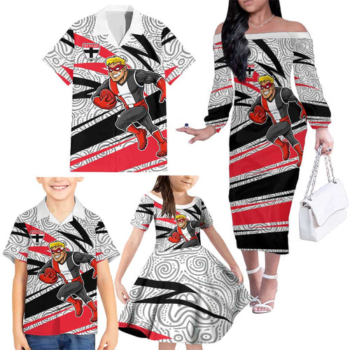 St Kilda Saints Australian Football Family Matching Off The Shoulder Long Sleeve Dress and Hawaiian Shirt Superhero Mascot Art With Indigenous Pattern Art