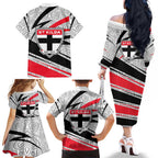St Kilda Saints Australian Football Family Matching Off The Shoulder Long Sleeve Dress and Hawaiian Shirt Superhero Mascot Art With Indigenous Pattern Art