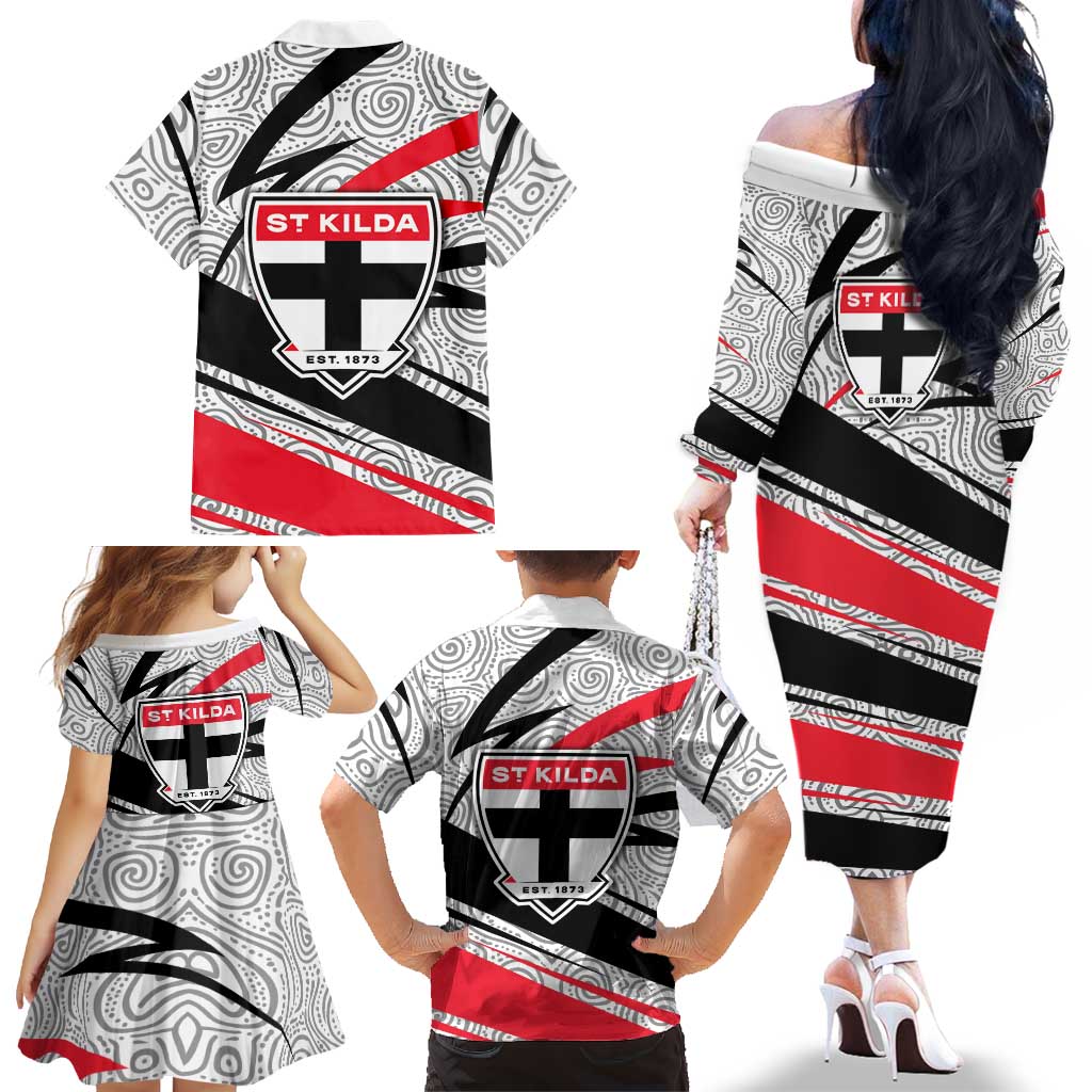 St Kilda Saints Australian Football Family Matching Off The Shoulder Long Sleeve Dress and Hawaiian Shirt Superhero Mascot Art With Indigenous Pattern Art