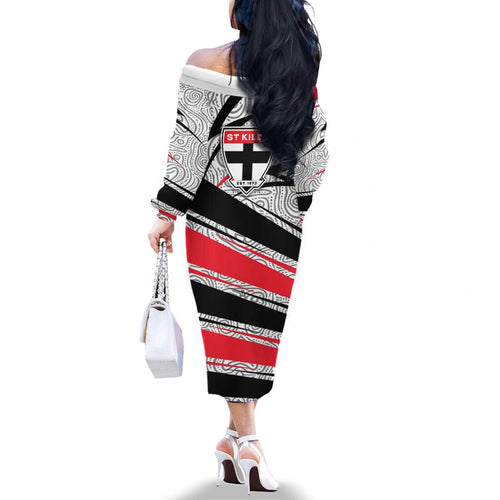 St Kilda Saints Australian Football Family Matching Off The Shoulder Long Sleeve Dress and Hawaiian Shirt Superhero Mascot Art With Indigenous Pattern Art