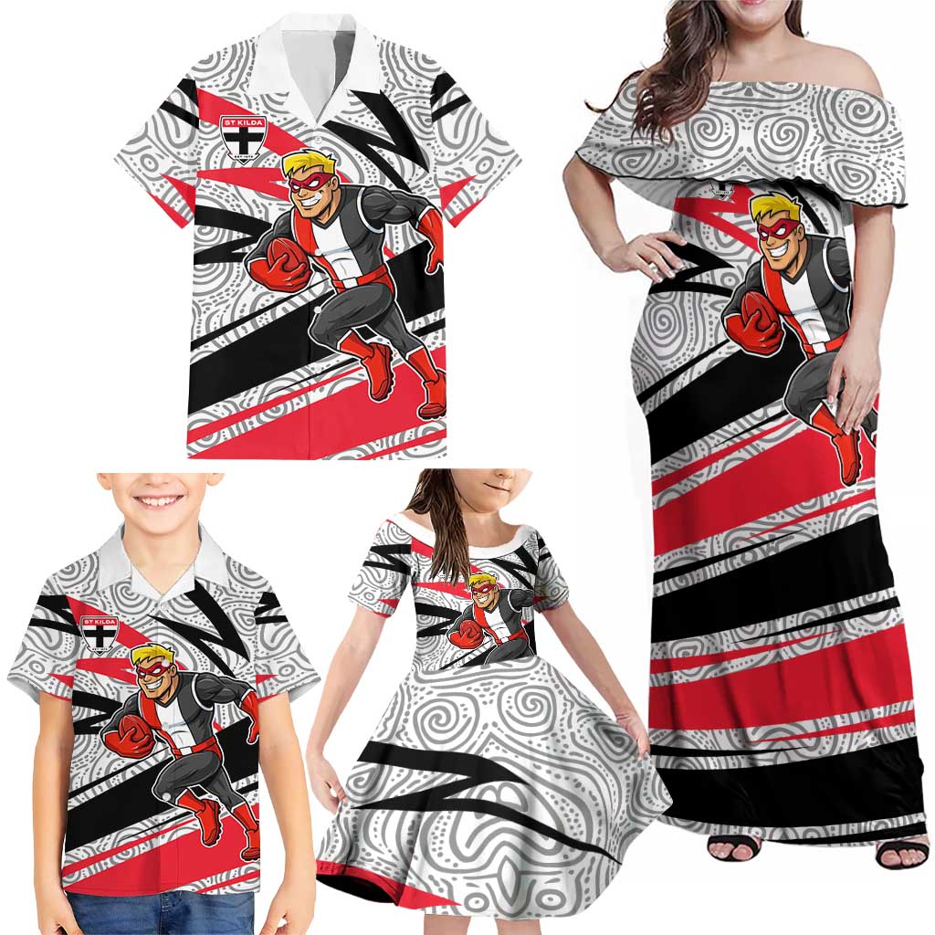 St Kilda Saints Australian Football Family Matching Off Shoulder Maxi Dress and Hawaiian Shirt Superhero Mascot Art With Indigenous Pattern Art