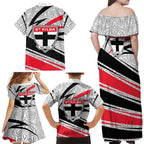 St Kilda Saints Australian Football Family Matching Off Shoulder Maxi Dress and Hawaiian Shirt Superhero Mascot Art With Indigenous Pattern Art