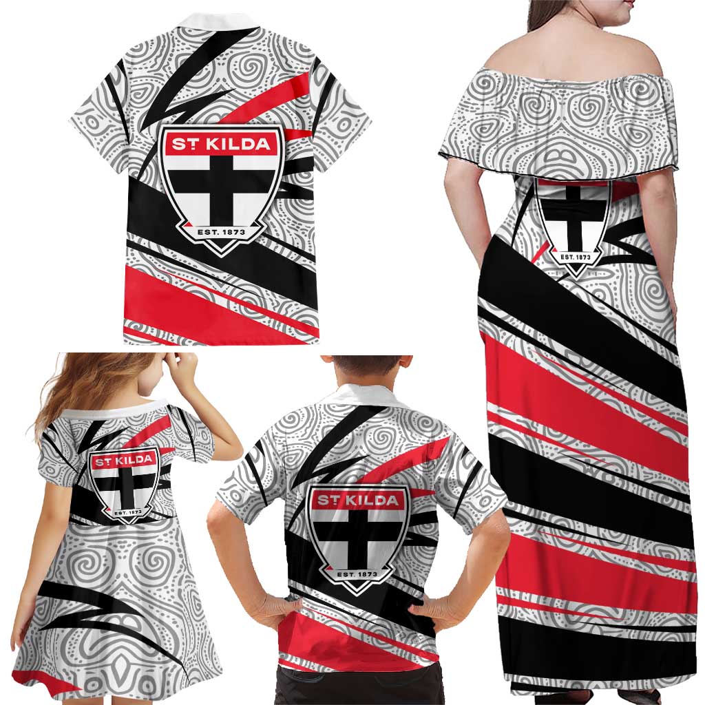 St Kilda Saints Australian Football Family Matching Off Shoulder Maxi Dress and Hawaiian Shirt Superhero Mascot Art With Indigenous Pattern Art