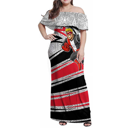 St Kilda Saints Australian Football Family Matching Off Shoulder Maxi Dress and Hawaiian Shirt Superhero Mascot Art With Indigenous Pattern Art