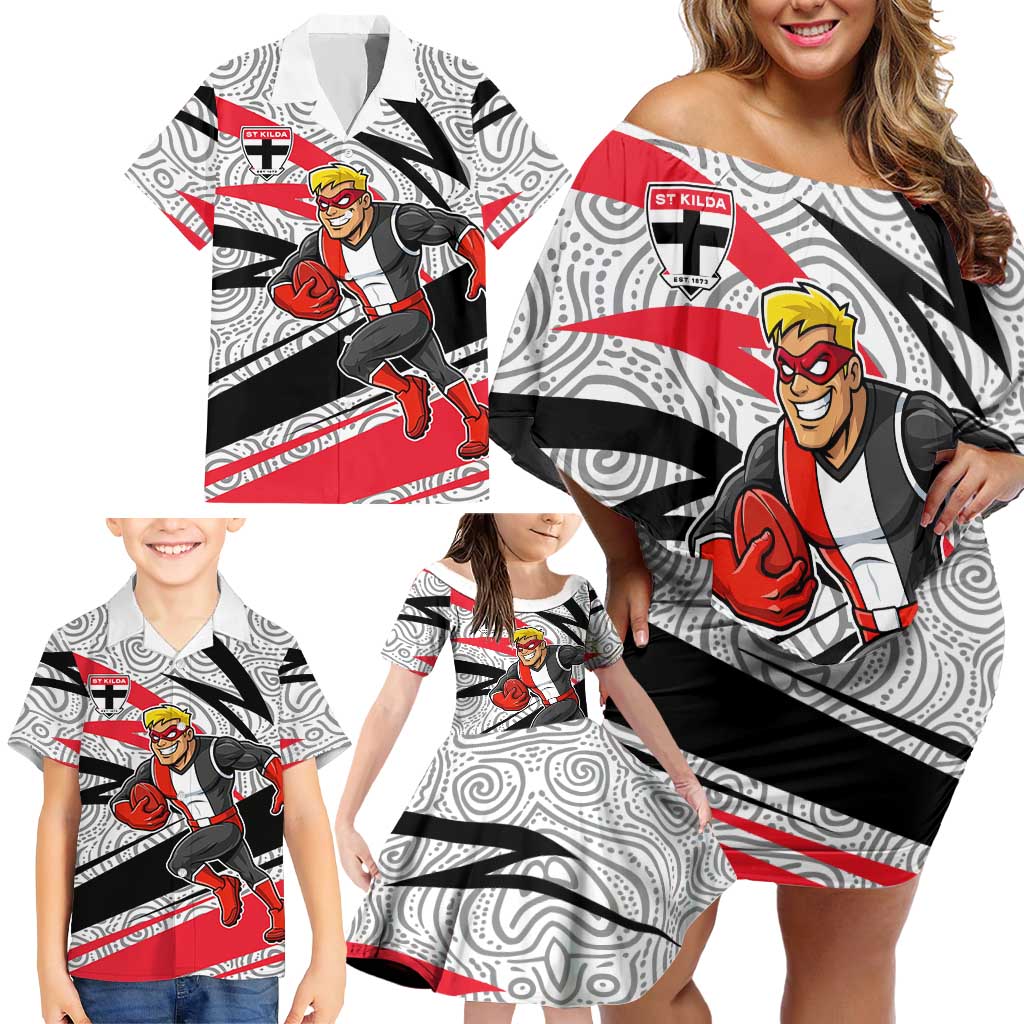 St Kilda Saints Australian Football Family Matching Off Shoulder Short Dress and Hawaiian Shirt Superhero Mascot Art With Indigenous Pattern Art