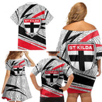 St Kilda Saints Australian Football Family Matching Off Shoulder Short Dress and Hawaiian Shirt Superhero Mascot Art With Indigenous Pattern Art