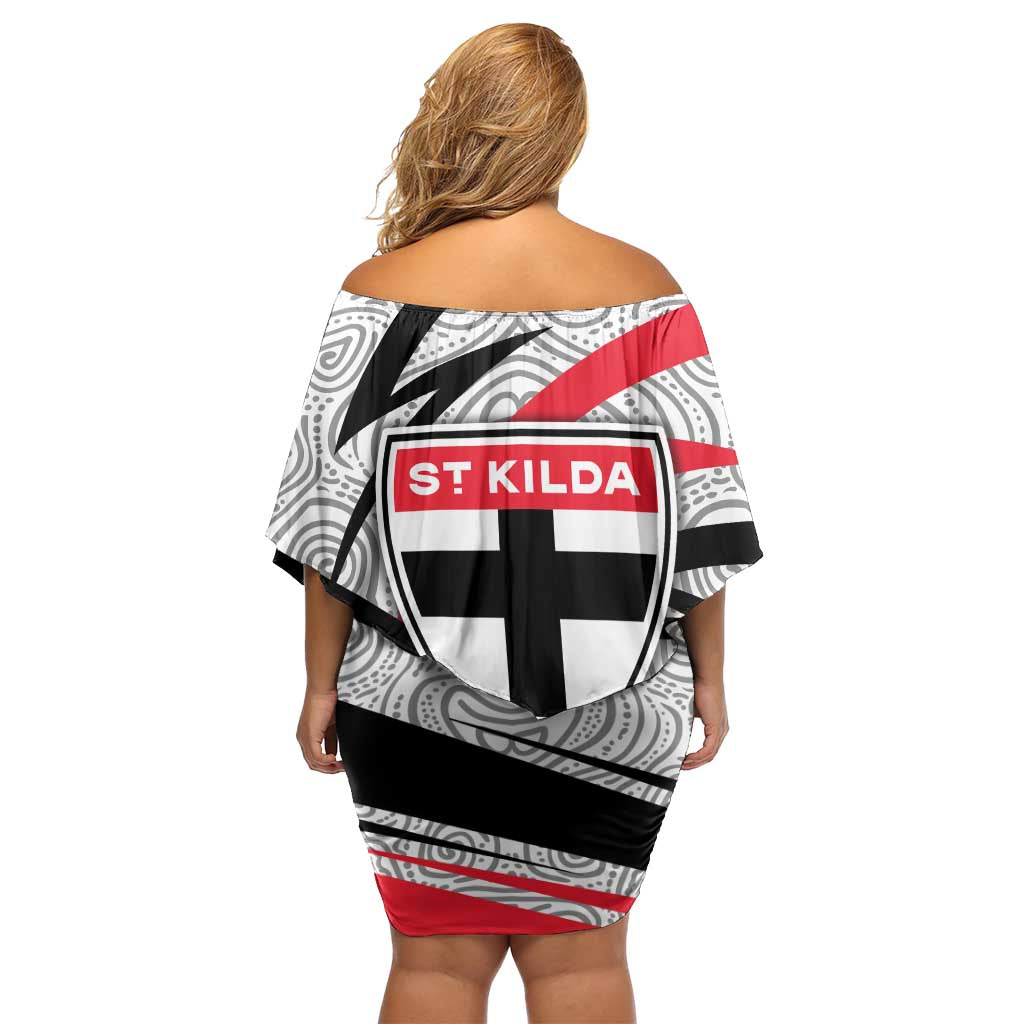 St Kilda Saints Australian Football Family Matching Off Shoulder Short Dress and Hawaiian Shirt Superhero Mascot Art With Indigenous Pattern Art