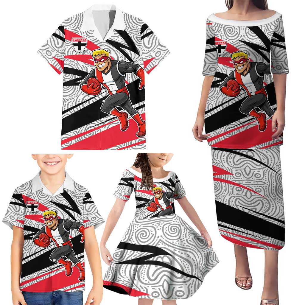 St Kilda Saints Australian Football Family Matching Puletasi and Hawaiian Shirt Superhero Mascot Art With Indigenous Pattern Art