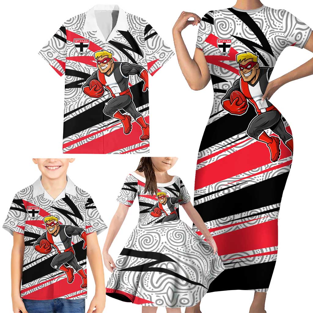 St Kilda Saints Australian Football Family Matching Short Sleeve Bodycon Dress and Hawaiian Shirt Superhero Mascot Art With Indigenous Pattern Art