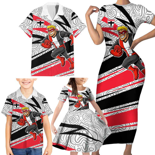 St Kilda Saints Australian Football Family Matching Short Sleeve Bodycon Dress and Hawaiian Shirt Superhero Mascot Art With Indigenous Pattern Art