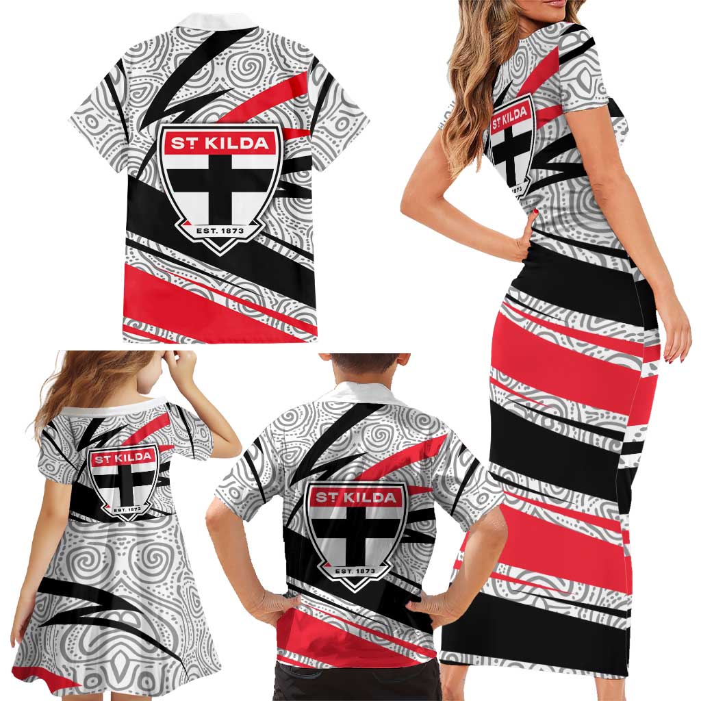 St Kilda Saints Australian Football Family Matching Short Sleeve Bodycon Dress and Hawaiian Shirt Superhero Mascot Art With Indigenous Pattern Art