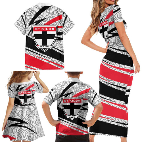 St Kilda Saints Australian Football Family Matching Short Sleeve Bodycon Dress and Hawaiian Shirt Superhero Mascot Art With Indigenous Pattern Art