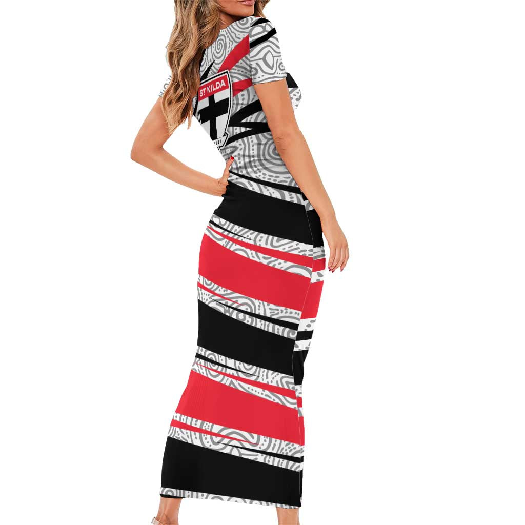 St Kilda Saints Australian Football Family Matching Short Sleeve Bodycon Dress and Hawaiian Shirt Superhero Mascot Art With Indigenous Pattern Art