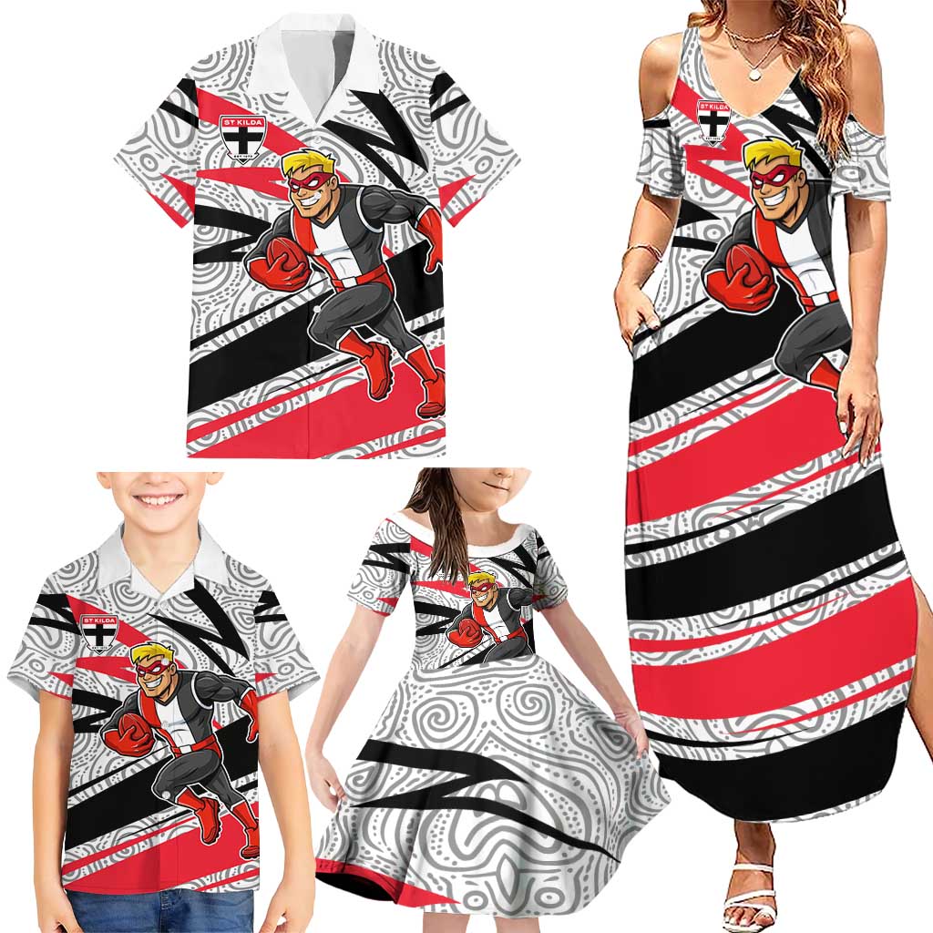 St Kilda Saints Australian Football Family Matching Summer Maxi Dress and Hawaiian Shirt Superhero Mascot Art With Indigenous Pattern Art