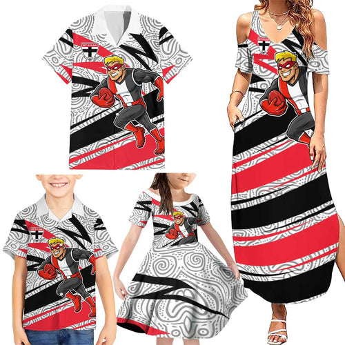 St Kilda Saints Australian Football Family Matching Summer Maxi Dress and Hawaiian Shirt Superhero Mascot Art With Indigenous Pattern Art