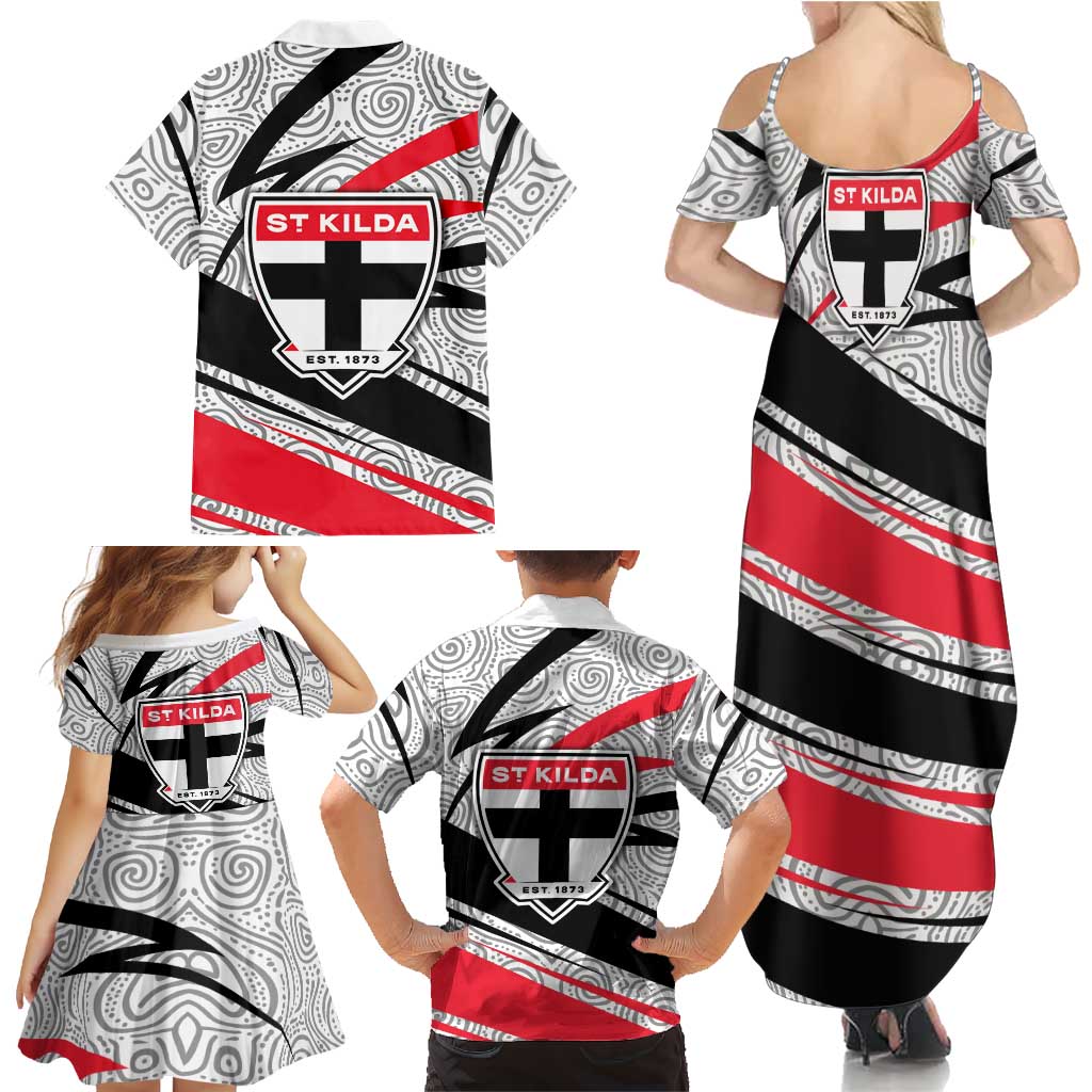 St Kilda Saints Australian Football Family Matching Summer Maxi Dress and Hawaiian Shirt Superhero Mascot Art With Indigenous Pattern Art
