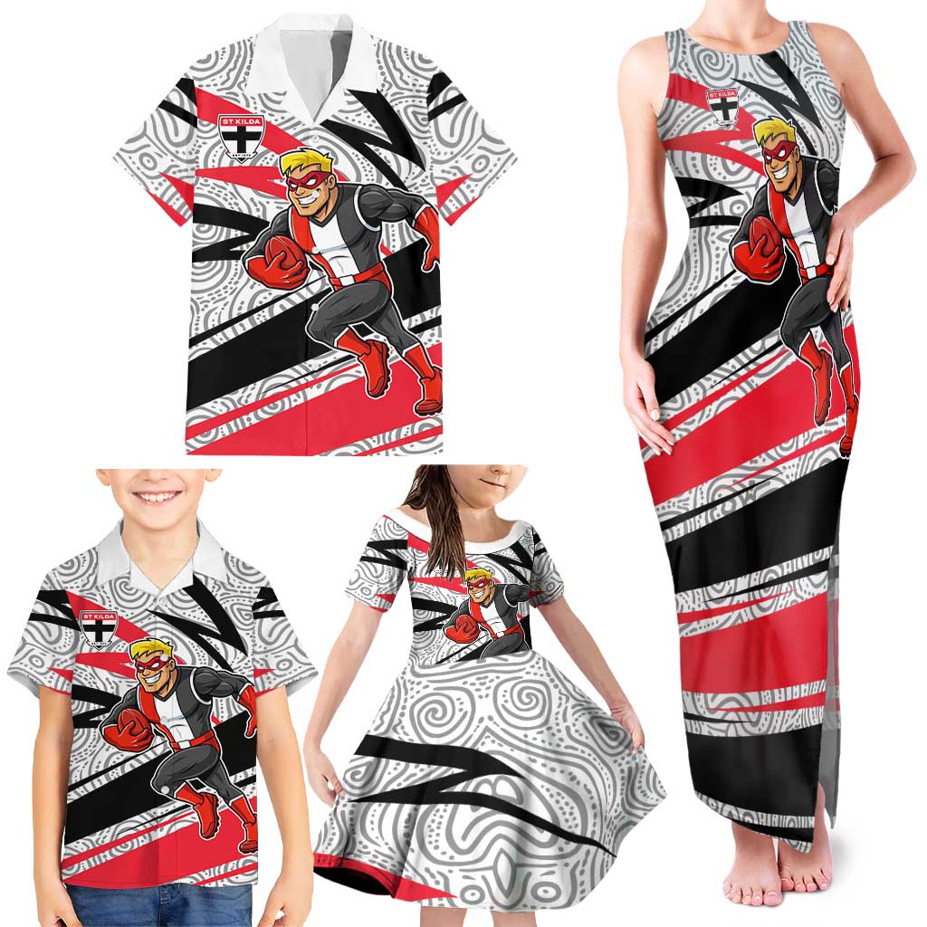 St Kilda Saints Australian Football Family Matching Tank Maxi Dress and Hawaiian Shirt Superhero Mascot Art With Indigenous Pattern Art