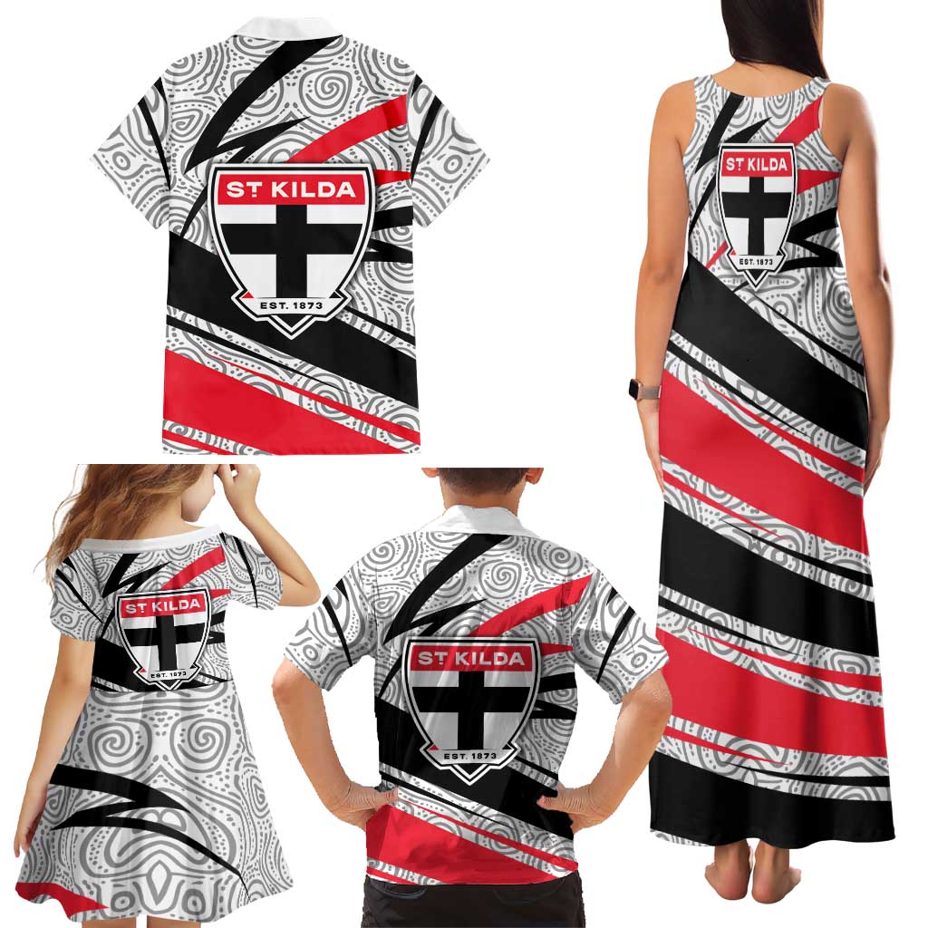 St Kilda Saints Australian Football Family Matching Tank Maxi Dress and Hawaiian Shirt Superhero Mascot Art With Indigenous Pattern Art