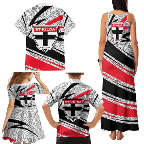 St Kilda Saints Australian Football Family Matching Tank Maxi Dress and Hawaiian Shirt Superhero Mascot Art With Indigenous Pattern Art