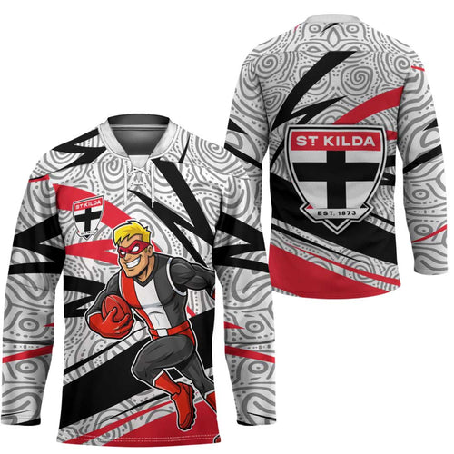 St Kilda Saints Australian Football Hockey Jersey Superhero Mascot Art With Indigenous Pattern Art