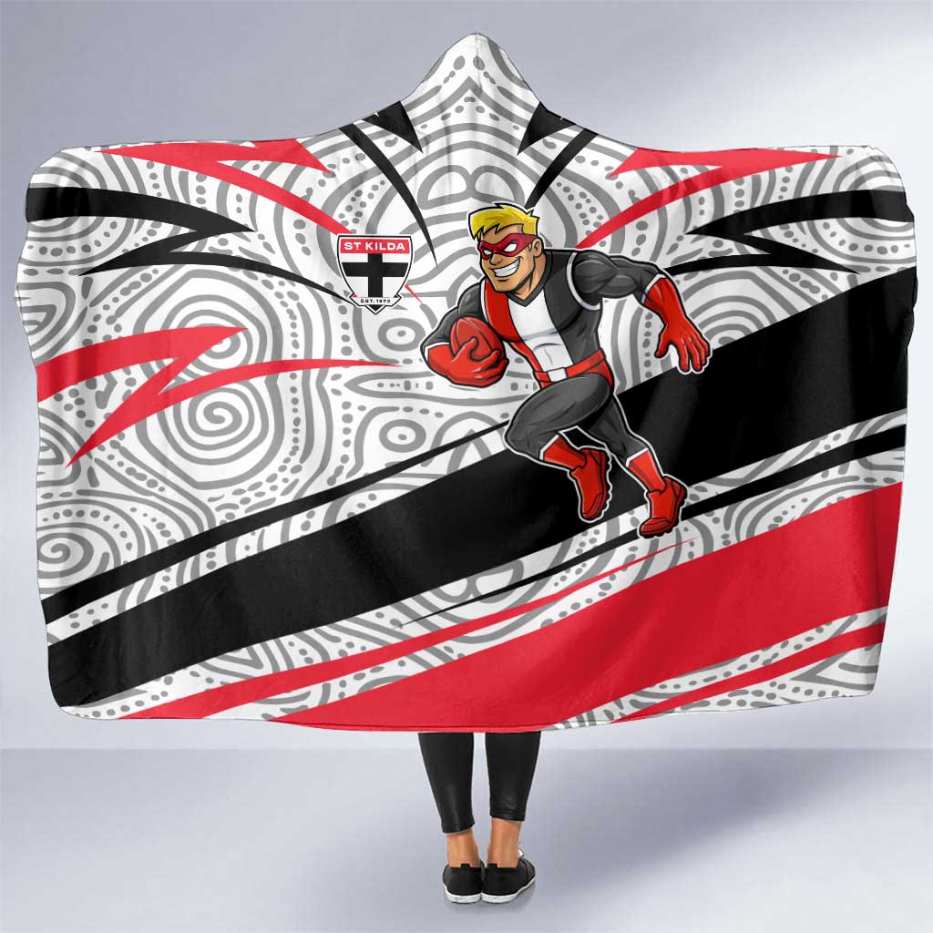 St Kilda Saints Australian Football Hooded Blanket Superhero Mascot Art With Indigenous Pattern Art