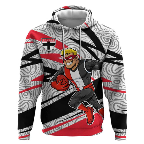St Kilda Saints Australian Football Hoodie Superhero Mascot Art With Indigenous Pattern Art