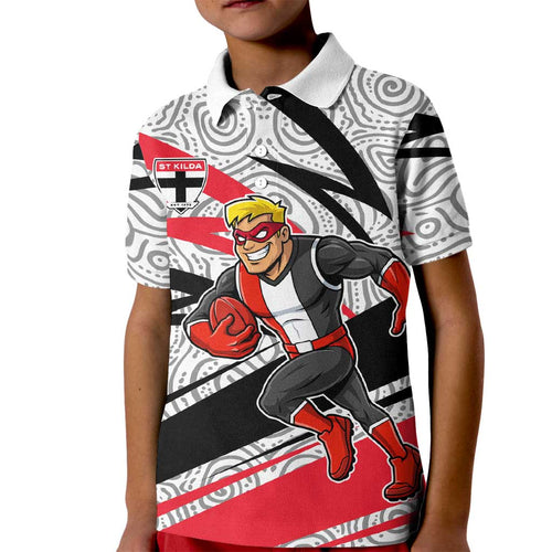 St Kilda Saints Australian Football Kid Polo Shirt Superhero Mascot Art With Indigenous Pattern Art