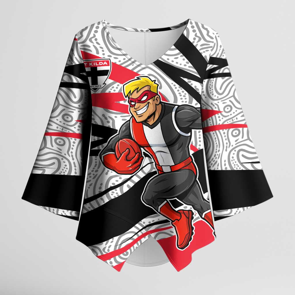 St Kilda Saints Australian Football Kimono Sleeve Blouse Superhero Mascot Art With Indigenous Pattern Art