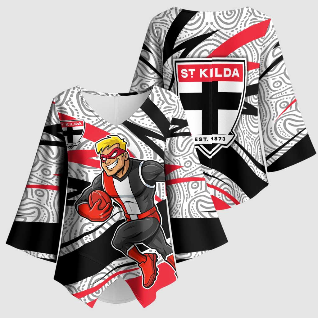 St Kilda Saints Australian Football Kimono Sleeve Blouse Superhero Mascot Art With Indigenous Pattern Art