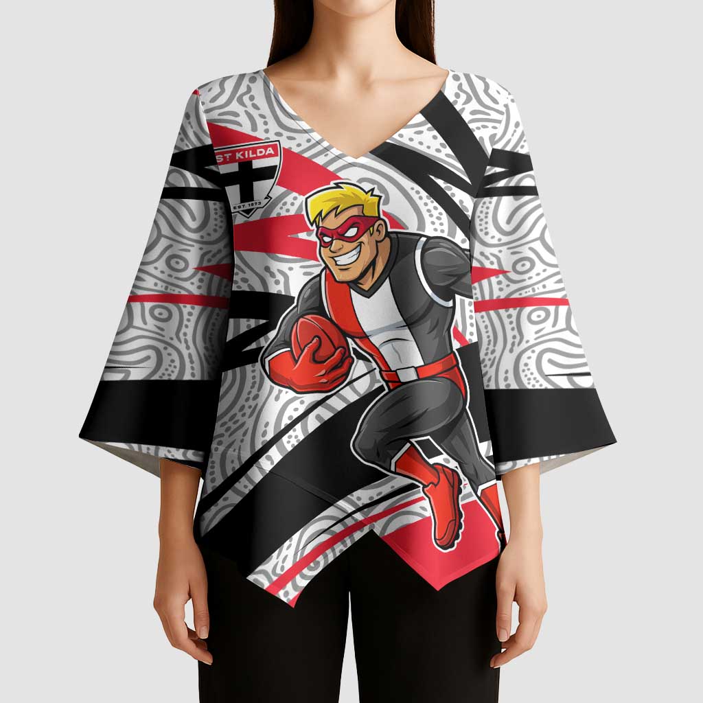 St Kilda Saints Australian Football Kimono Sleeve Blouse Superhero Mascot Art With Indigenous Pattern Art