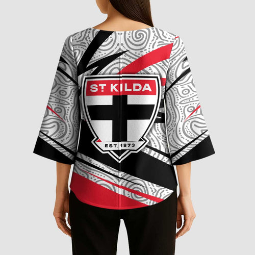 St Kilda Saints Australian Football Kimono Sleeve Blouse Superhero Mascot Art With Indigenous Pattern Art