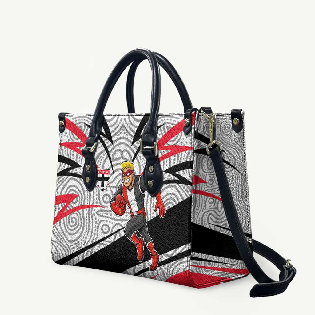 St Kilda Saints Australian Football Leather Bag Superhero Mascot Art With Indigenous Pattern Art