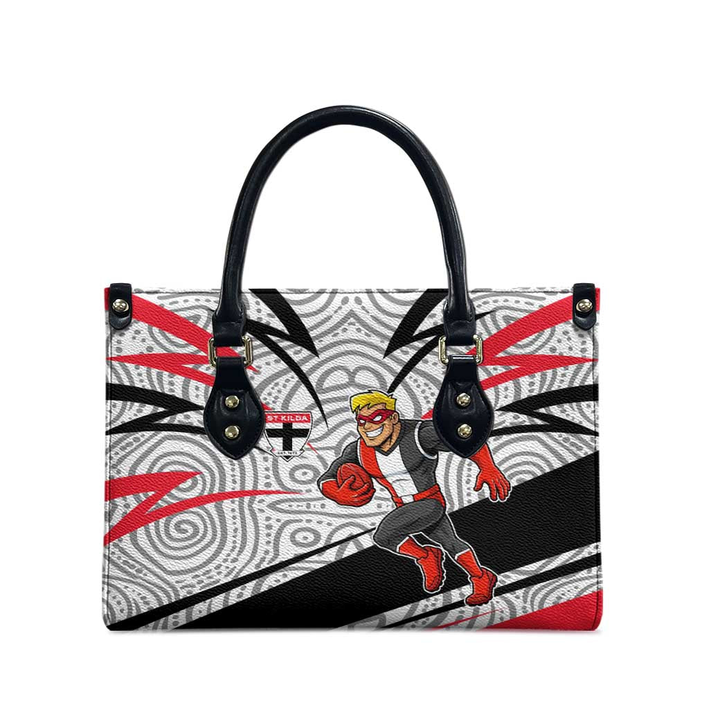 St Kilda Saints Australian Football Leather Bag Superhero Mascot Art With Indigenous Pattern Art