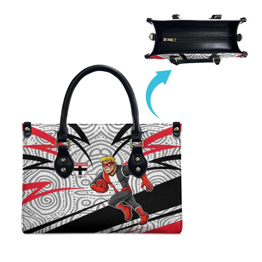 St Kilda Saints Australian Football Leather Bag Superhero Mascot Art With Indigenous Pattern Art