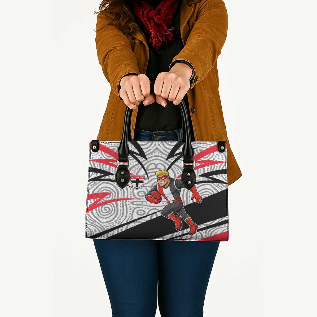 St Kilda Saints Australian Football Leather Bag Superhero Mascot Art With Indigenous Pattern Art