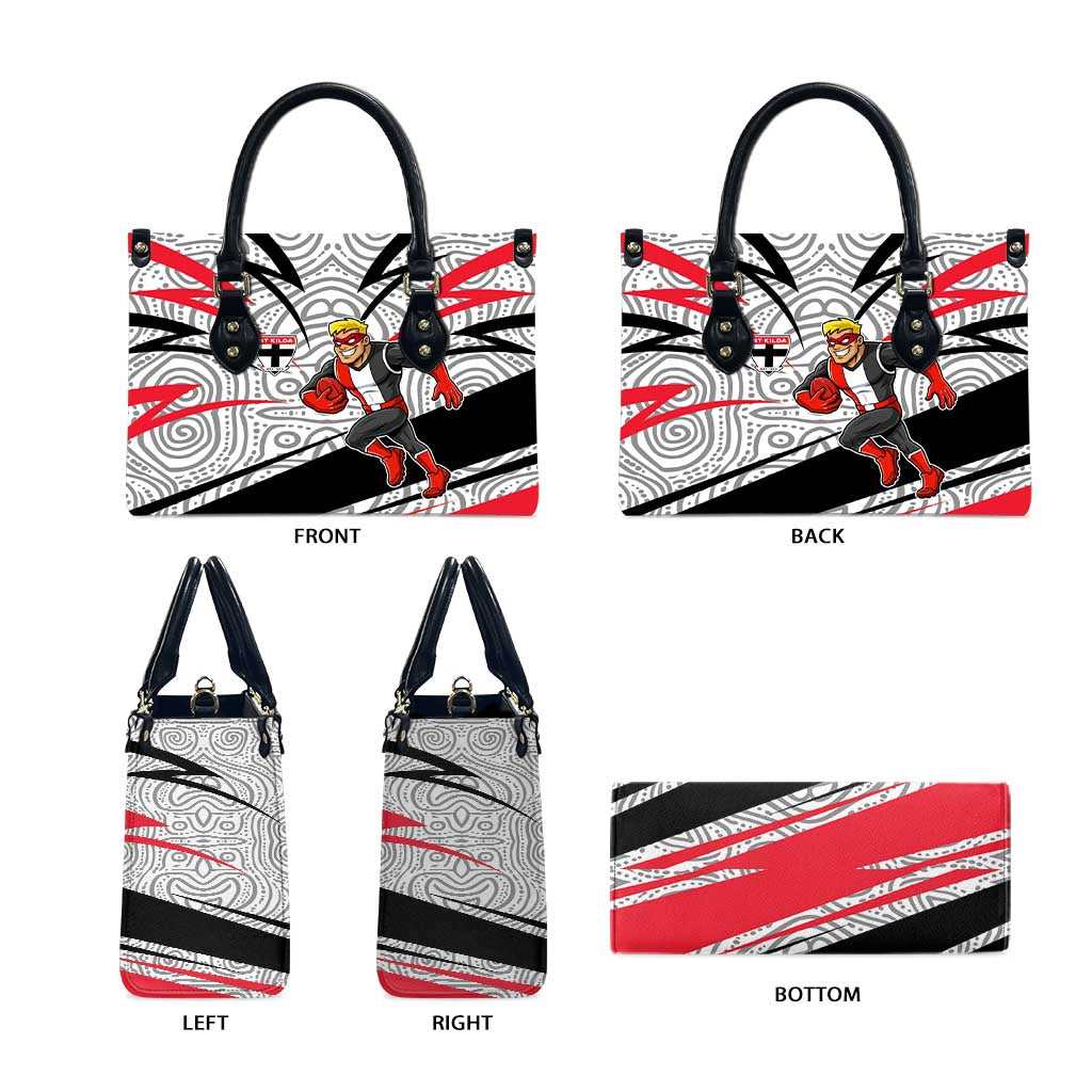 St Kilda Saints Australian Football Leather Bag Superhero Mascot Art With Indigenous Pattern Art