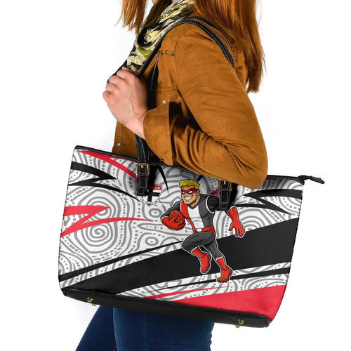St Kilda Saints Australian Football Leather Tote Bag Superhero Mascot Art With Indigenous Pattern Art