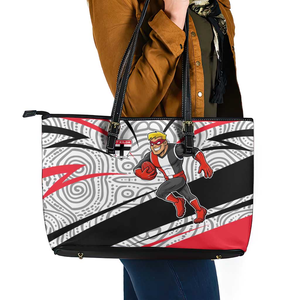 St Kilda Saints Australian Football Leather Tote Bag Superhero Mascot Art With Indigenous Pattern Art
