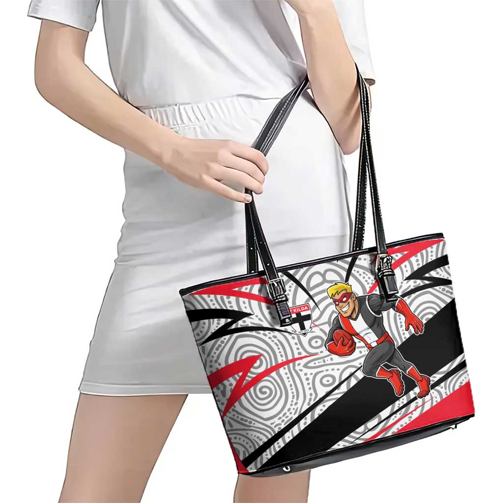 St Kilda Saints Australian Football Leather Tote Bag Superhero Mascot Art With Indigenous Pattern Art