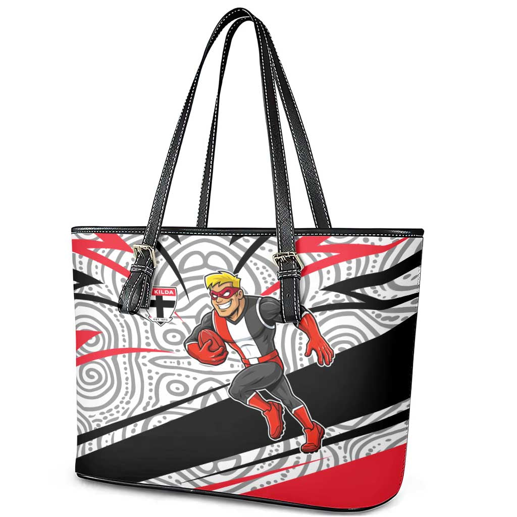 St Kilda Saints Australian Football Leather Tote Bag Superhero Mascot Art With Indigenous Pattern Art