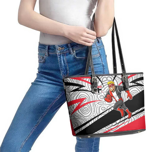 St Kilda Saints Australian Football Leather Tote Bag Superhero Mascot Art With Indigenous Pattern Art