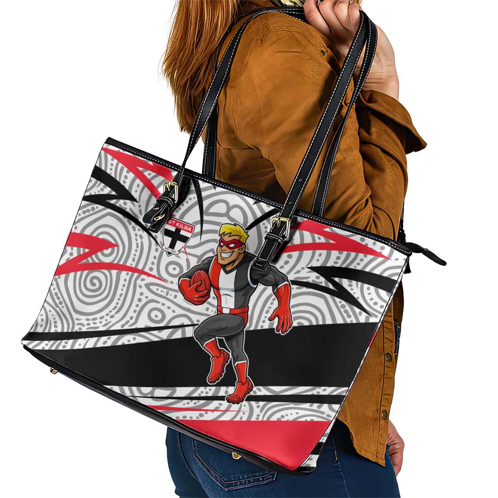 St Kilda Saints Australian Football Leather Tote Bag Superhero Mascot Art With Indigenous Pattern Art