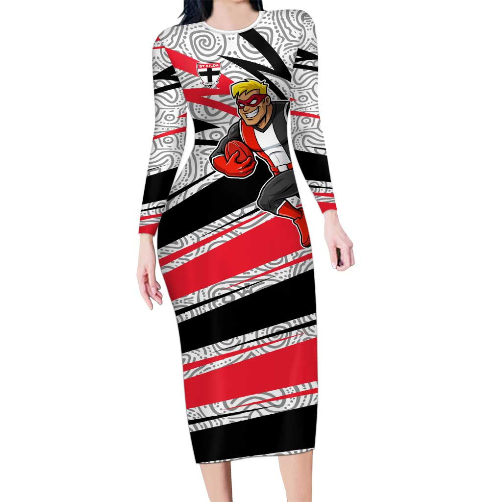 St Kilda Saints Australian Football Long Sleeve Bodycon Dress Superhero Mascot Art With Indigenous Pattern Art