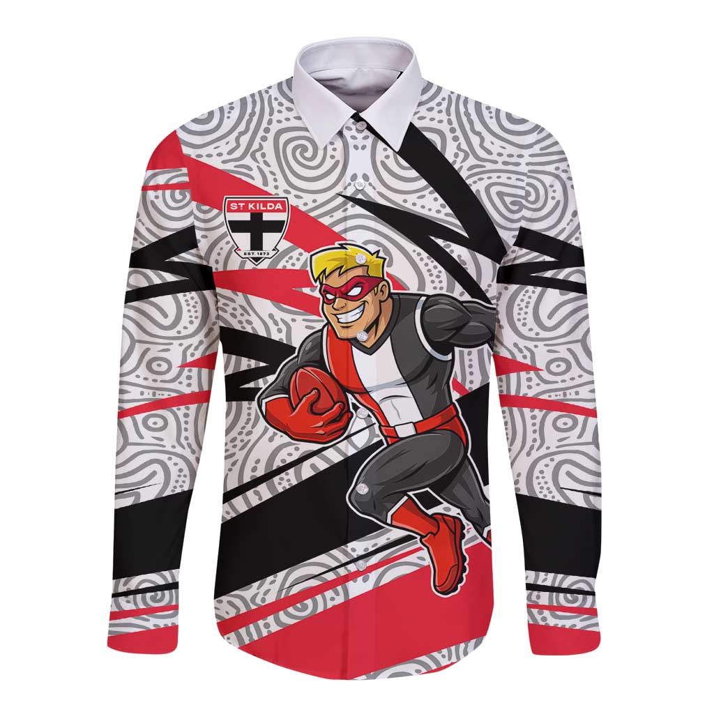 St Kilda Saints Australian Football Long Sleeve Button Shirt Superhero Mascot Art With Indigenous Pattern Art